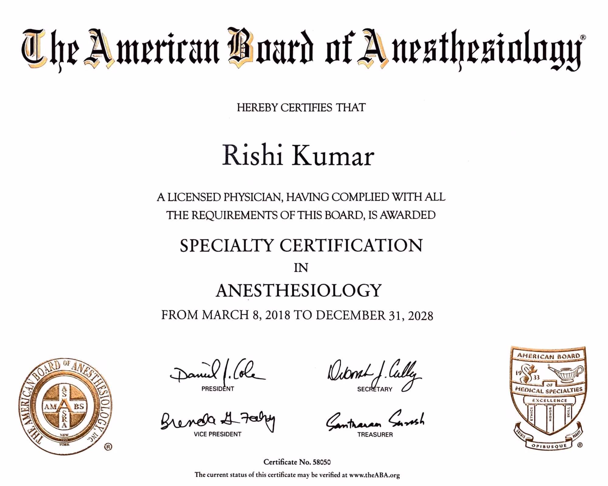 Board Certified In Anesthesiology!